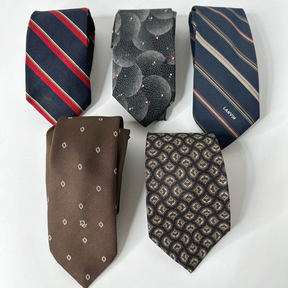 5 Vtg Designer Neck Ties Christian Dior Lanvin Oscar de la Renta Omega Charing